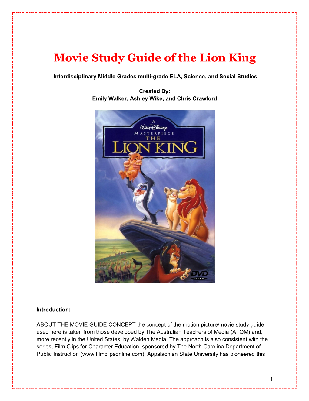 Movie Study Guide of the Lion King