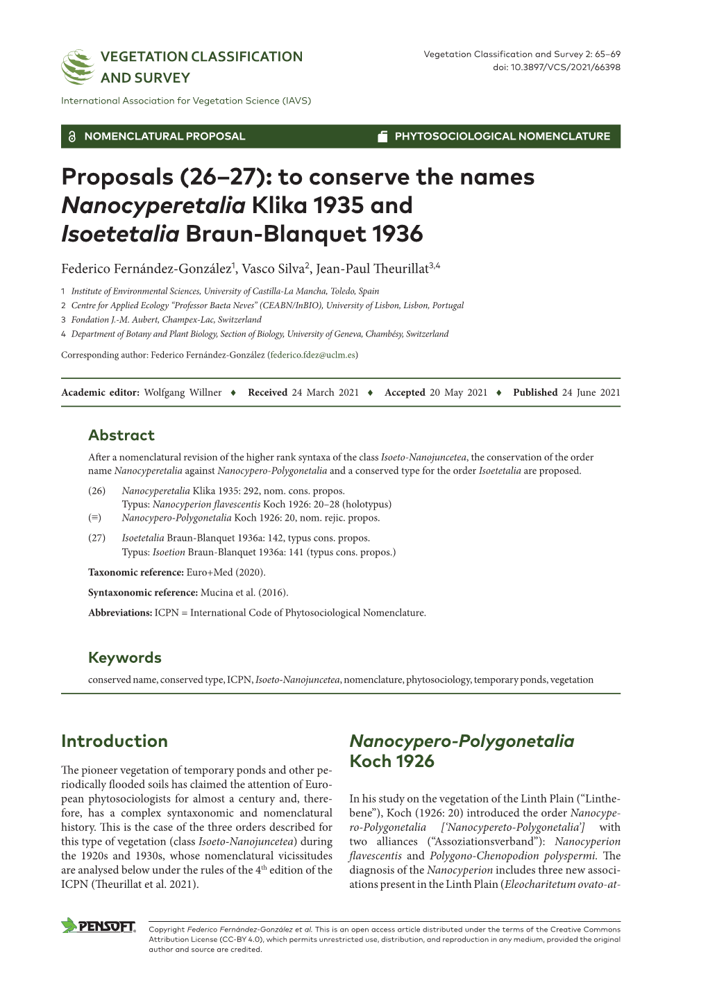 To Conserve the Names Nanocyperetalia Klika 1935 and Isoetetalia Braun-Blanquet 1936