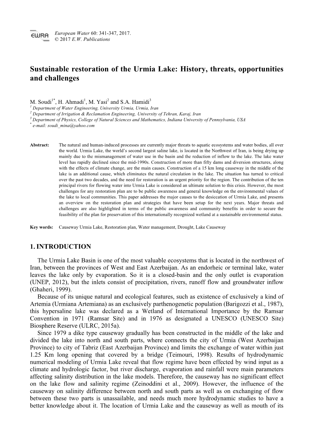 Sustainable Restoration of the Urmia Lake: History, Threats, Opportunities and Challenges