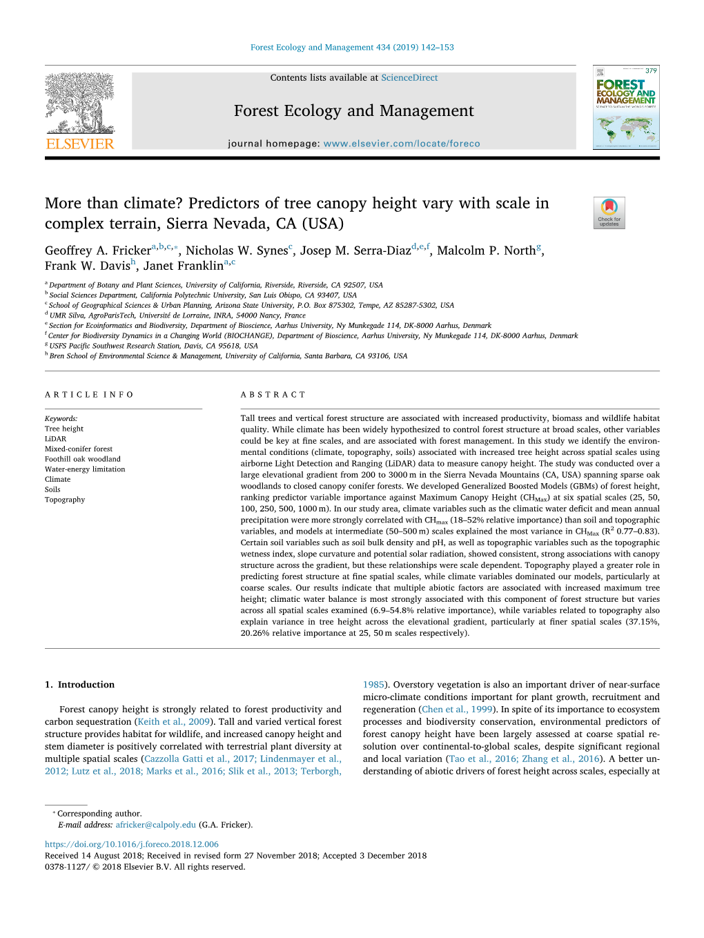 More Than Climate? Predictors of Tree Canopy Height Vary with Scale in Complex Terrain, Sierra Nevada, CA (USA) T ⁎ Geoﬀrey A