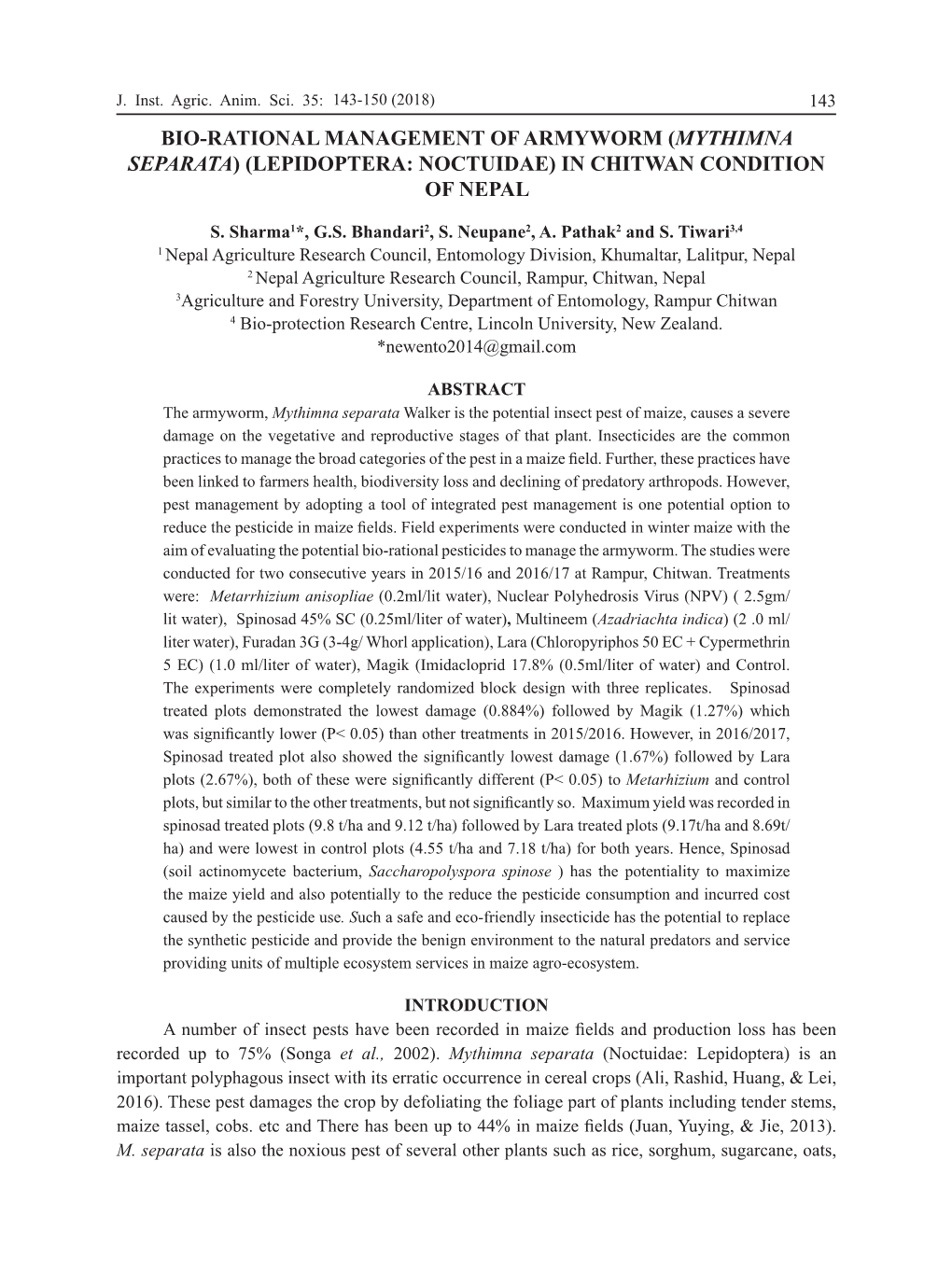 Bio-Rational Management of Armyworm (Mythimna Separata) (Lepidoptera: Noctuidae) in Chitwan Condition of Nepal