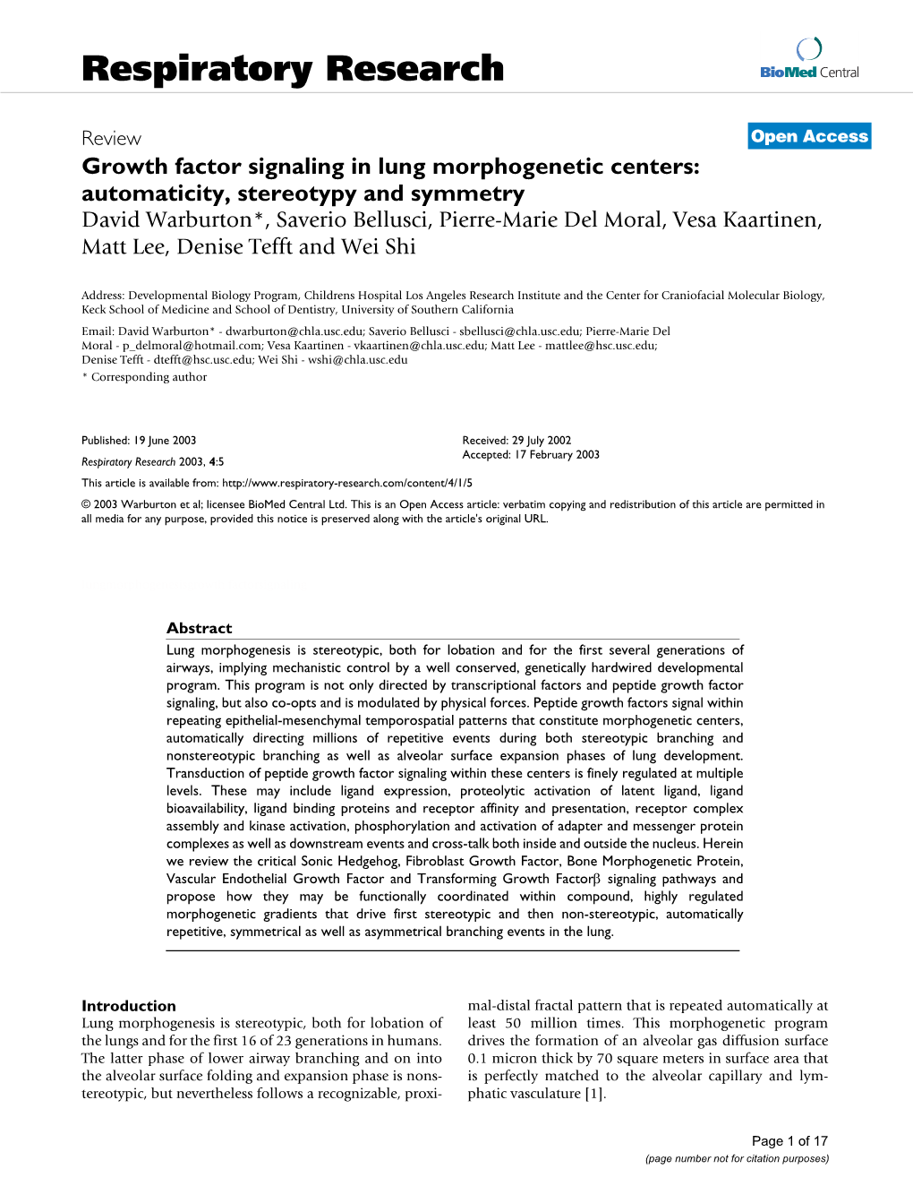 Respiratory Research Biomed Central