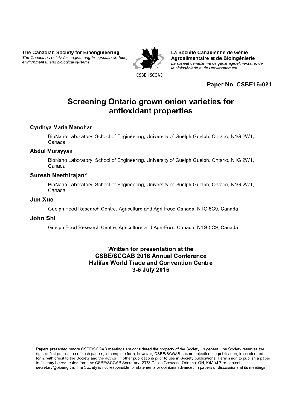 Screening Ontario Grown Onion Varieties for Antioxidant Properties