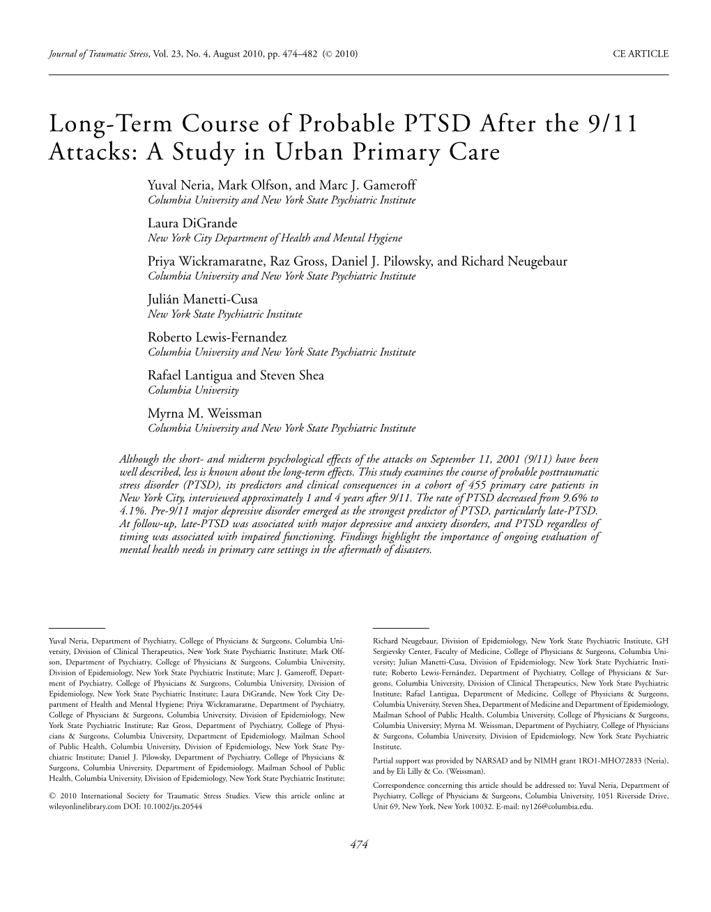 Longterm Course of Probable PTSD After the 9/11 Attacks: a Study In