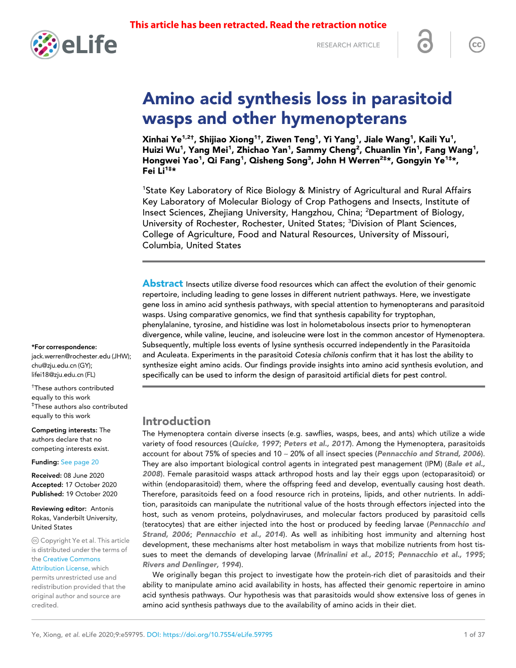 Amino Acid Synthesis Loss in Parasitoid Wasps and Other Hymenopterans