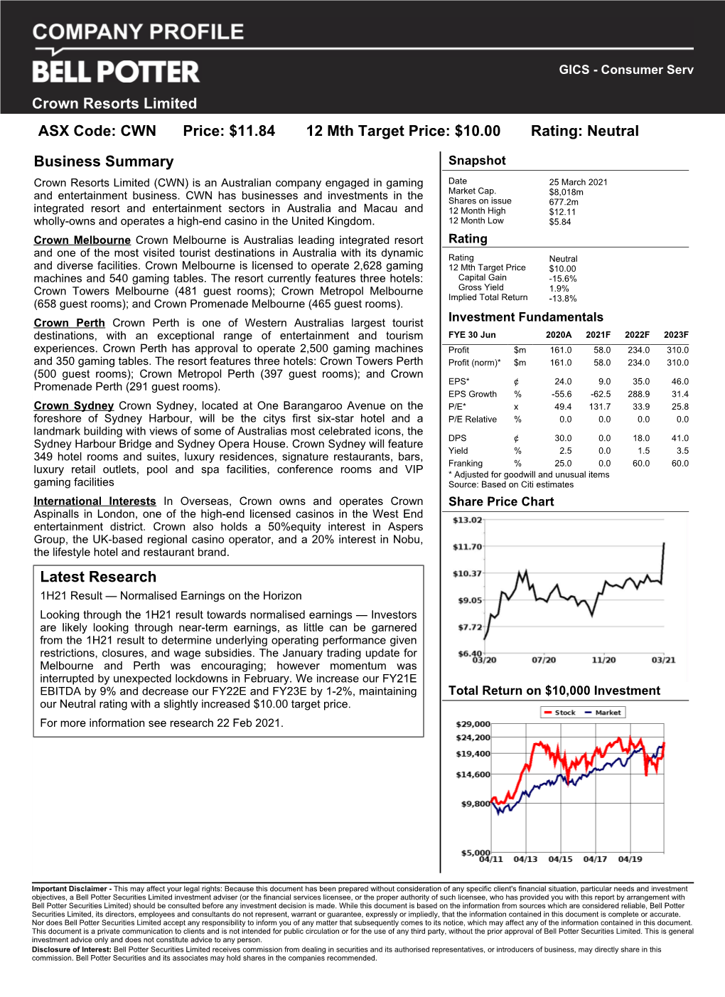 Crown Resorts Limited ASX Code: CWN Price: $11.84 12 Mth Target Price: $10.00 Rating: Neutral