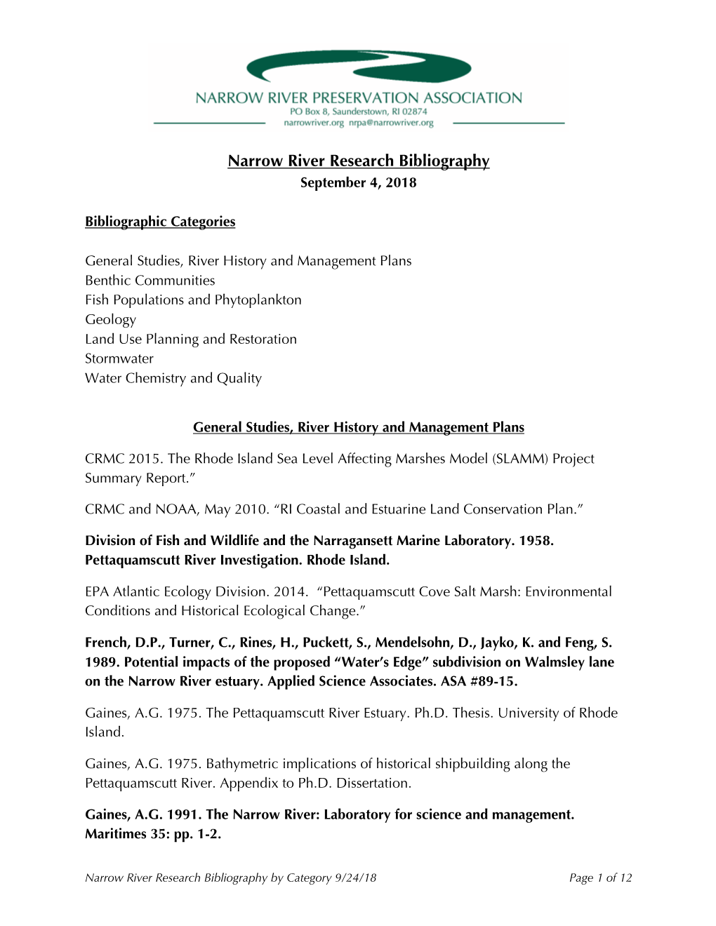 2018 09 04 Narrow River Research Bibliography by Category