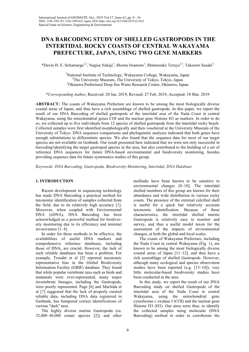 Dna Barcoding Study of Shelled Gastropods in the Intertidal Rocky Coasts of Central Wakayama Prefecture, Japan, Using Two Gene Markers