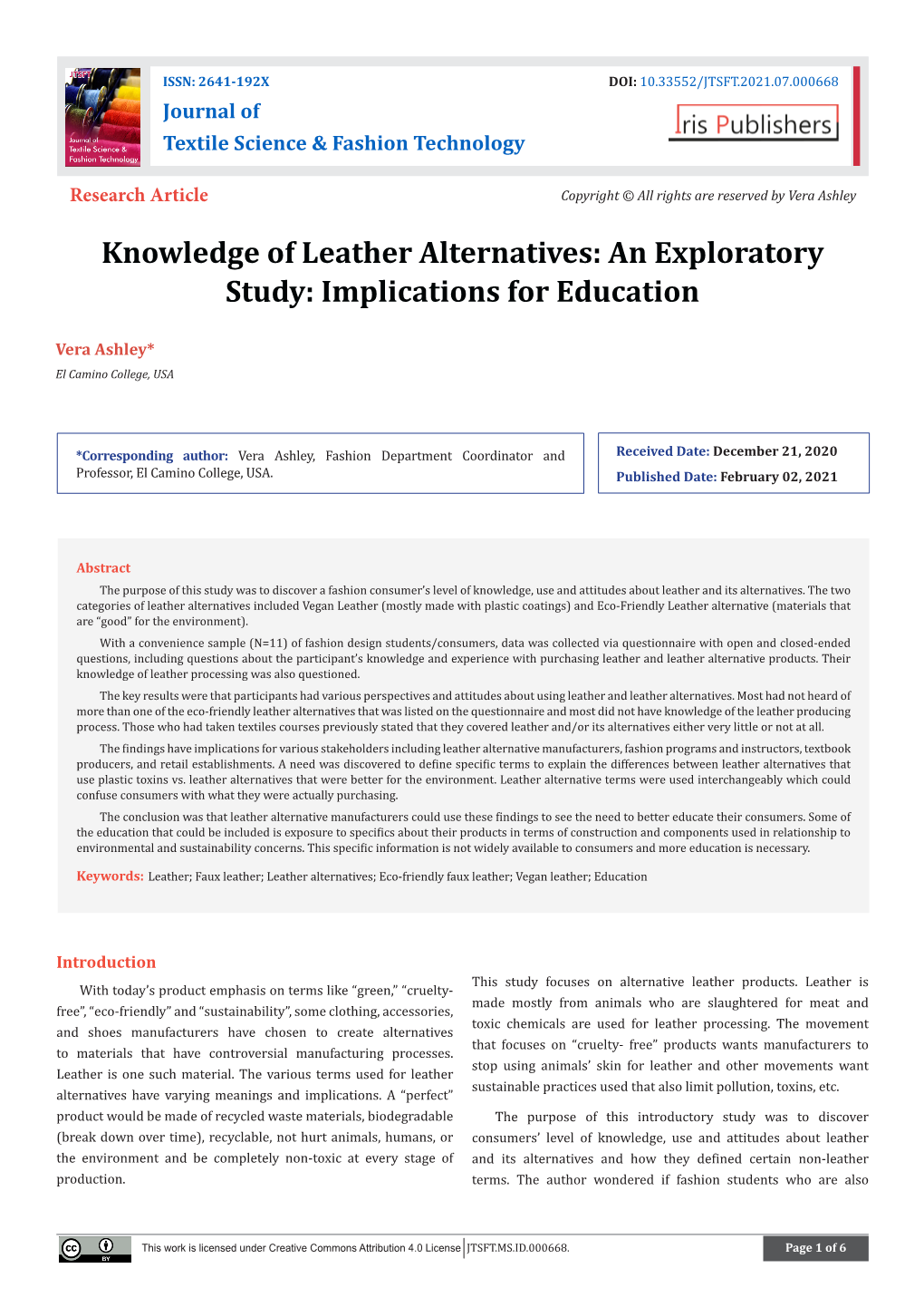 Knowledge of Leather Alternatives: an Exploratory Study: Implications for Education