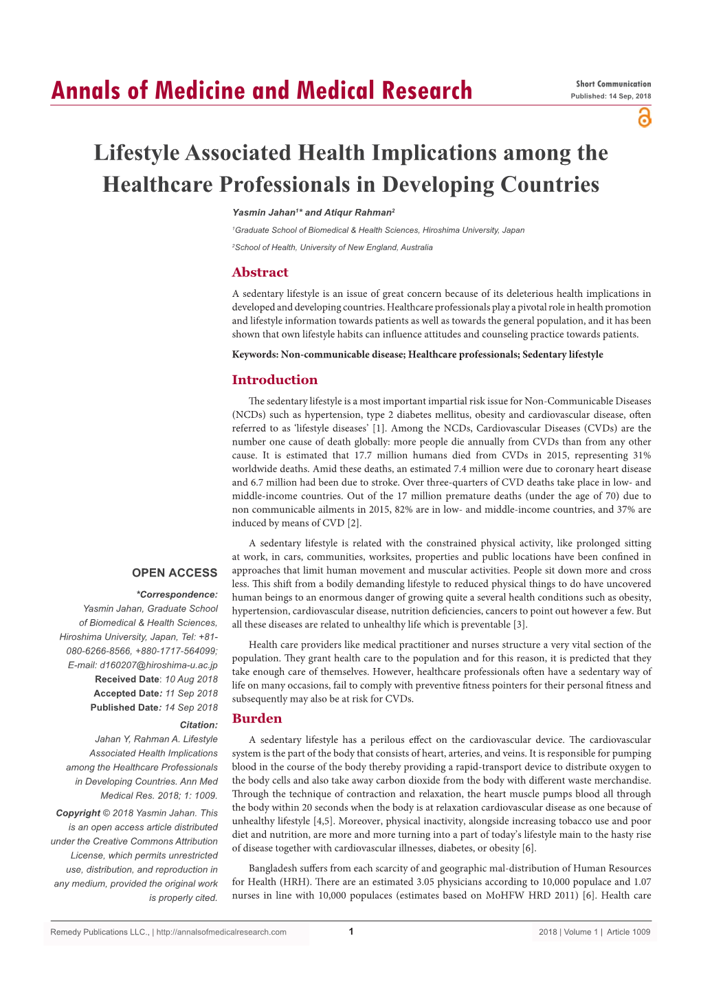 Lifestyle Associated Health Implications Among the Healthcare Professionals in Developing Countries
