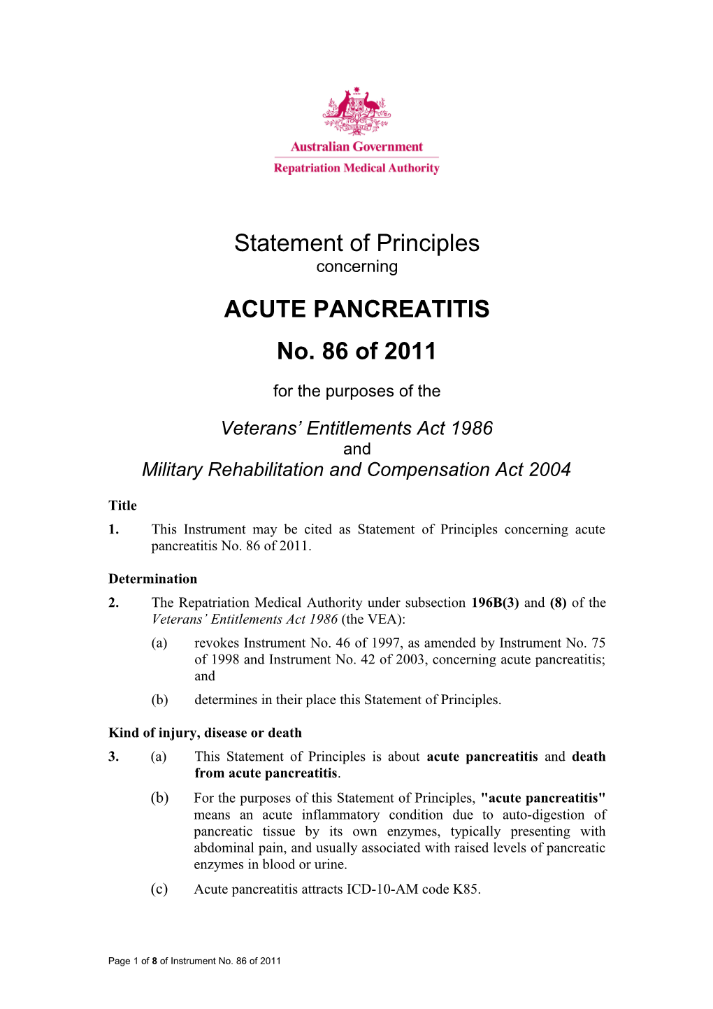 Statement of Principles 86 of 2011 Acute Pancreatitis Balance of Probabilities