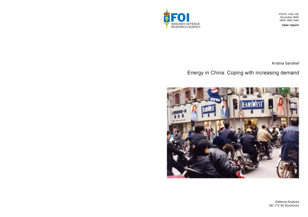 Energy in China: Coping with Increasing Demand