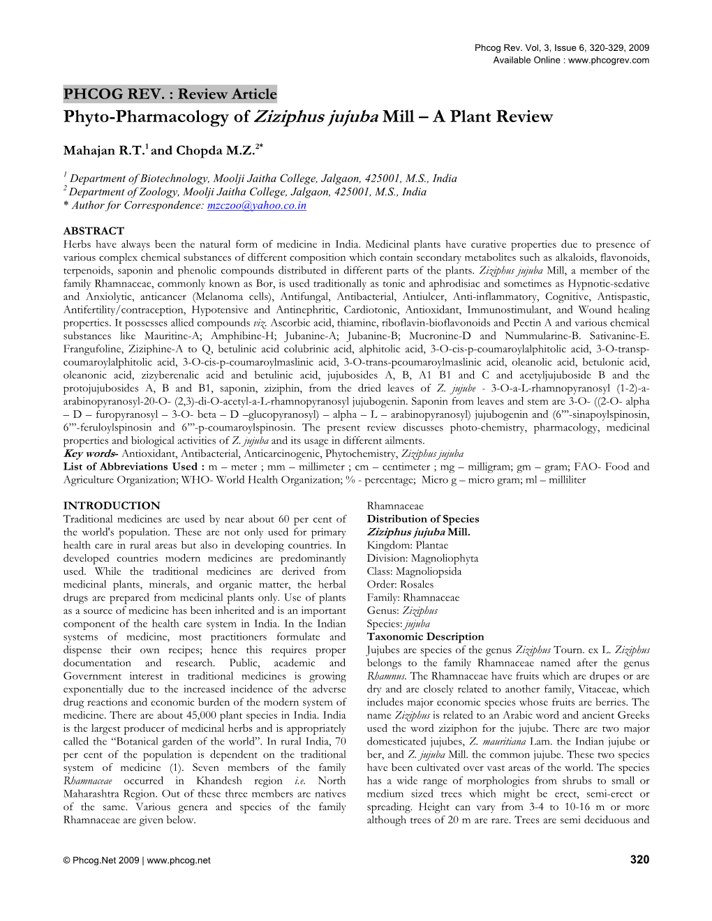 Phyto-Pharmacology of Ziziphus Jujuba Mill – a Plant Review