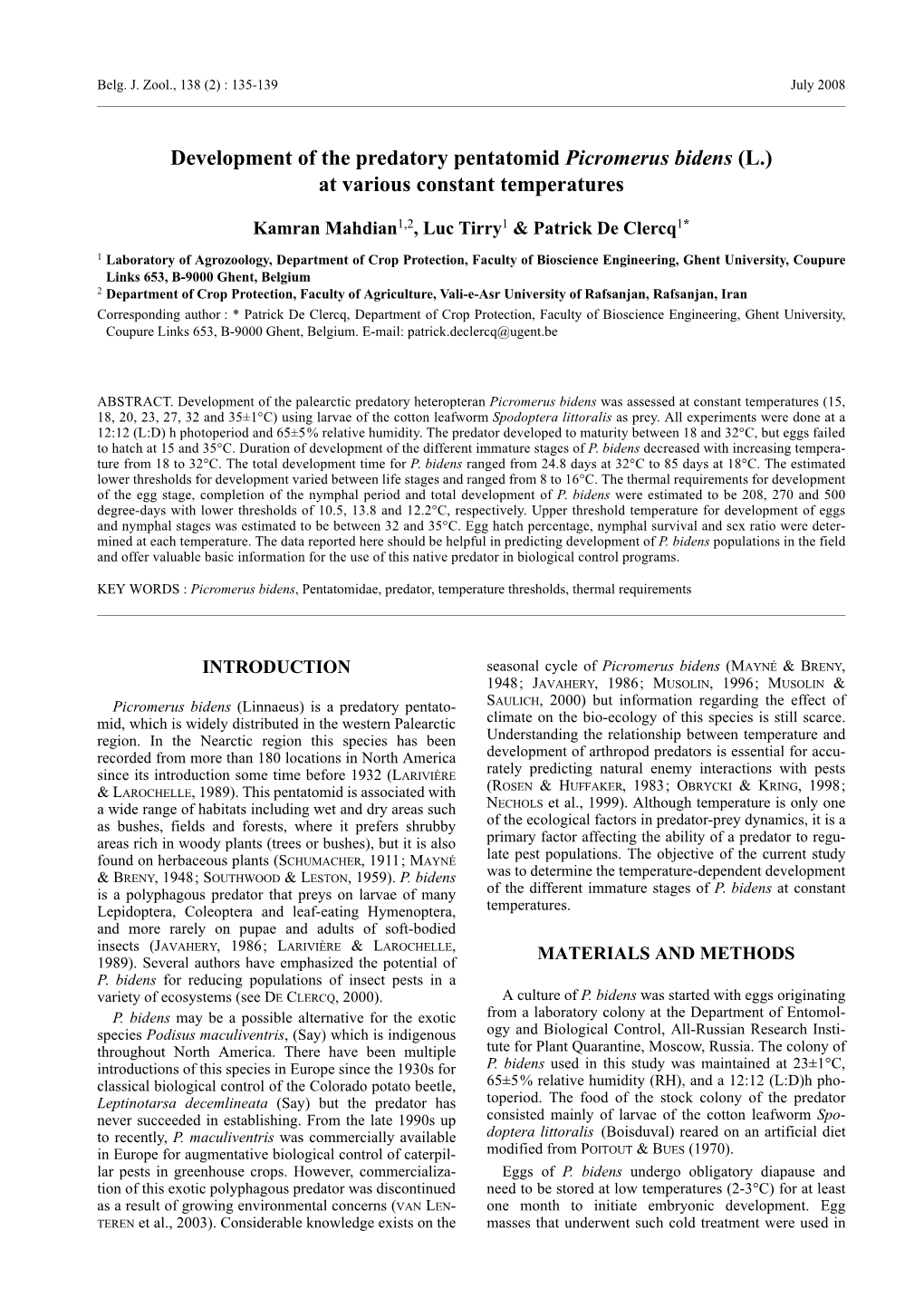 Development of the Predatory Pentatomid Picromerus Bidens (L.) at Various Constant Temperatures