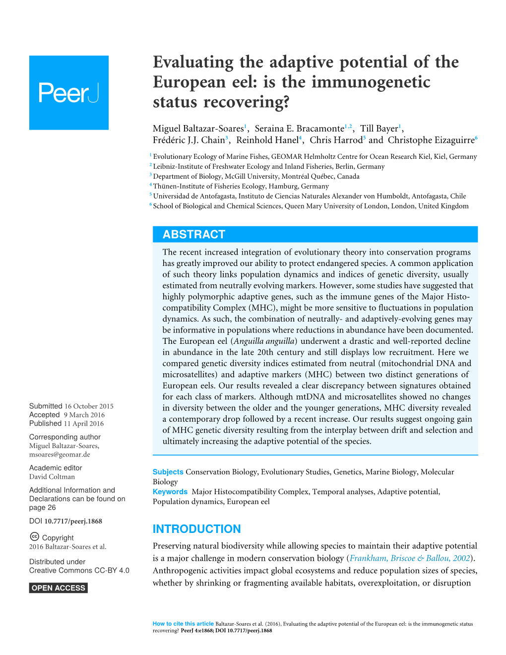 Evaluating the Adaptive Potential of the European Eel: Is the Immunogenetic Status Recovering?