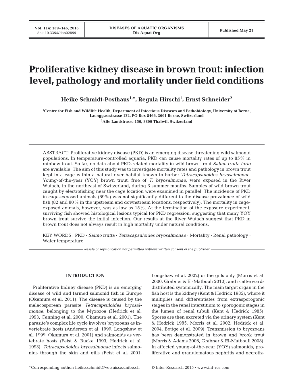 Proliferative Kidney Disease in Brown Trout: Infection Level, Pathology and Mortality Under Field Conditions