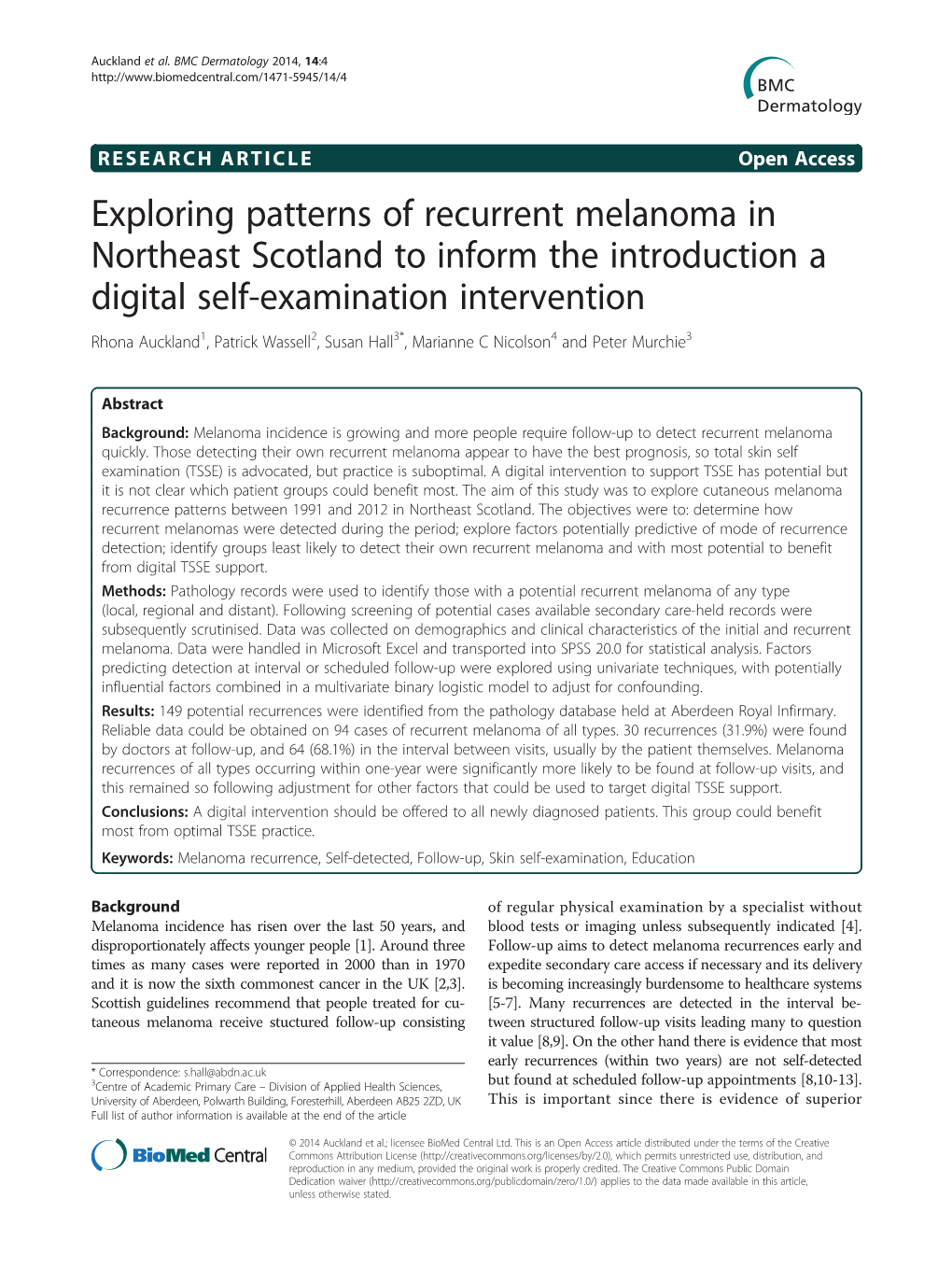 Exploring Patterns of Recurrent Melanoma in Northeast Scotland To