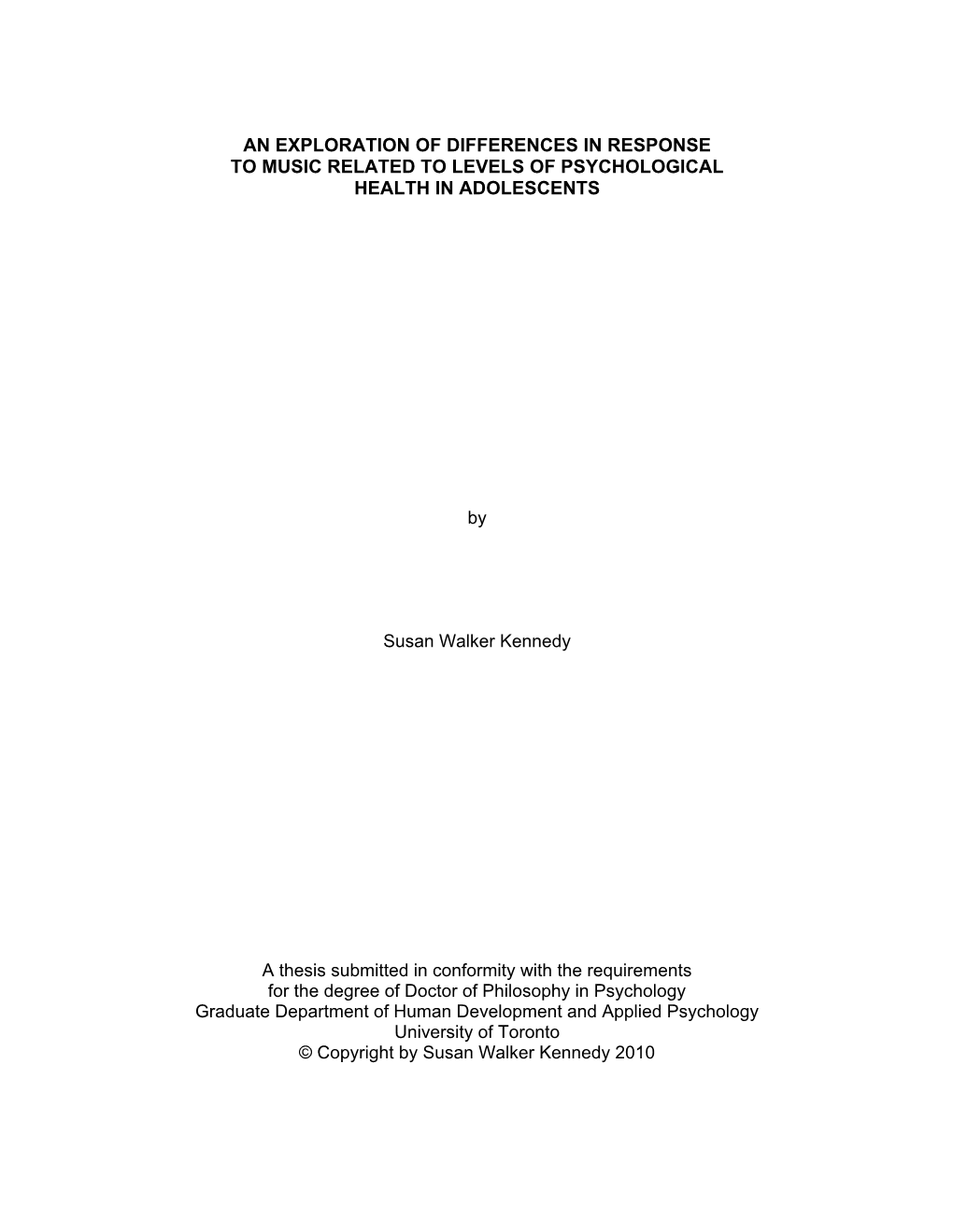 An Exploration of Differences in Response to Music Related to Levels of Psychological Health in Adolescents