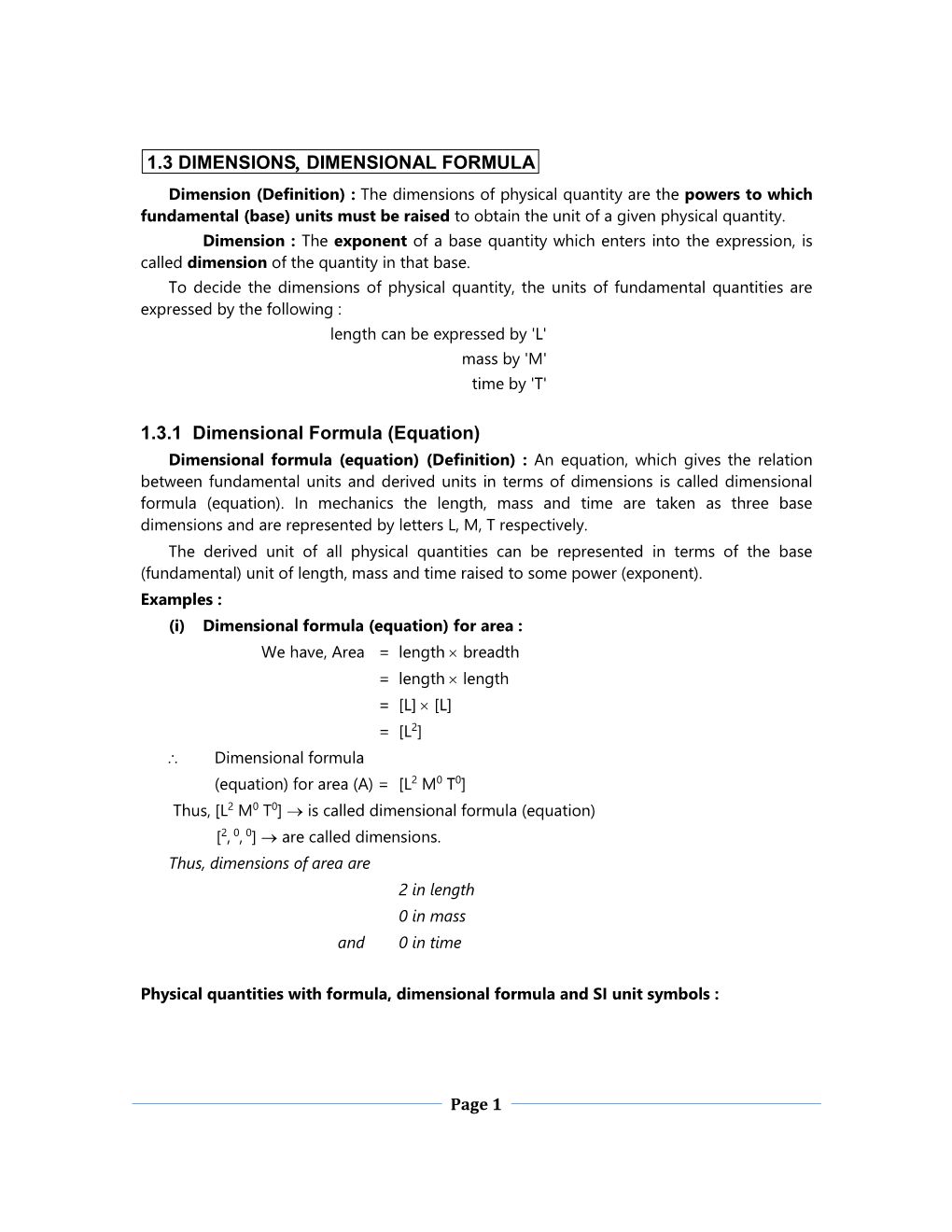 1.3 Dimensions Dimensional Formula