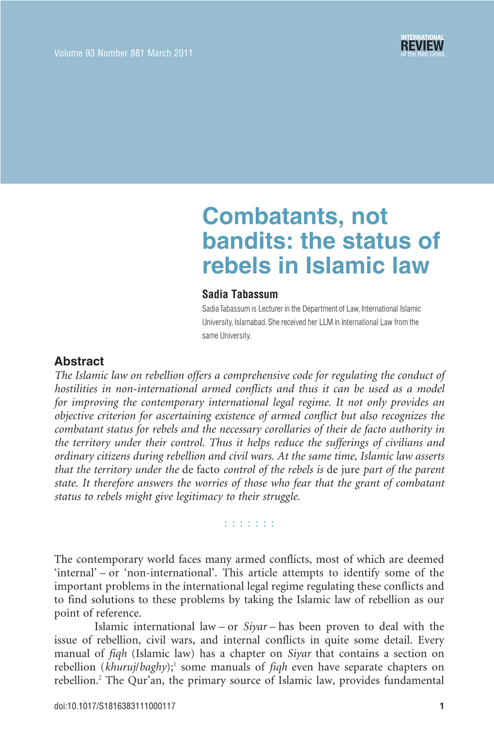 Combatants, Not Bandits: the Status of Rebels in Islamic