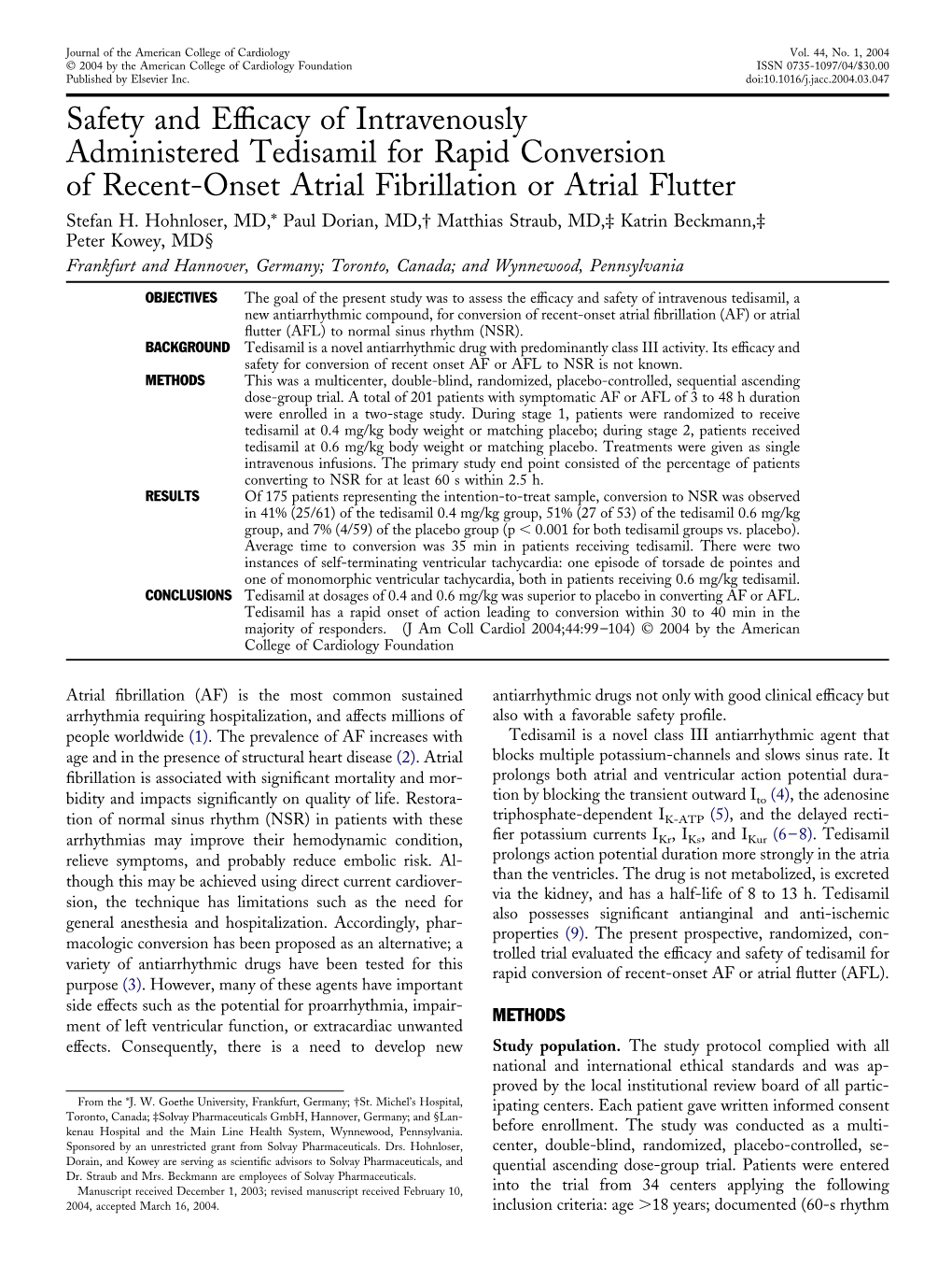 Safety and Efficacy of Intravenously Administered Tedisamil for Rapid