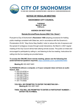 Notice of Regular Meeting Snohomish City Council