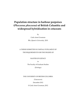 Population Structure in Harbour Porpoises (Phocoena Phocoena) of British Columbia and Widespread Hybridization in Cetaceans
