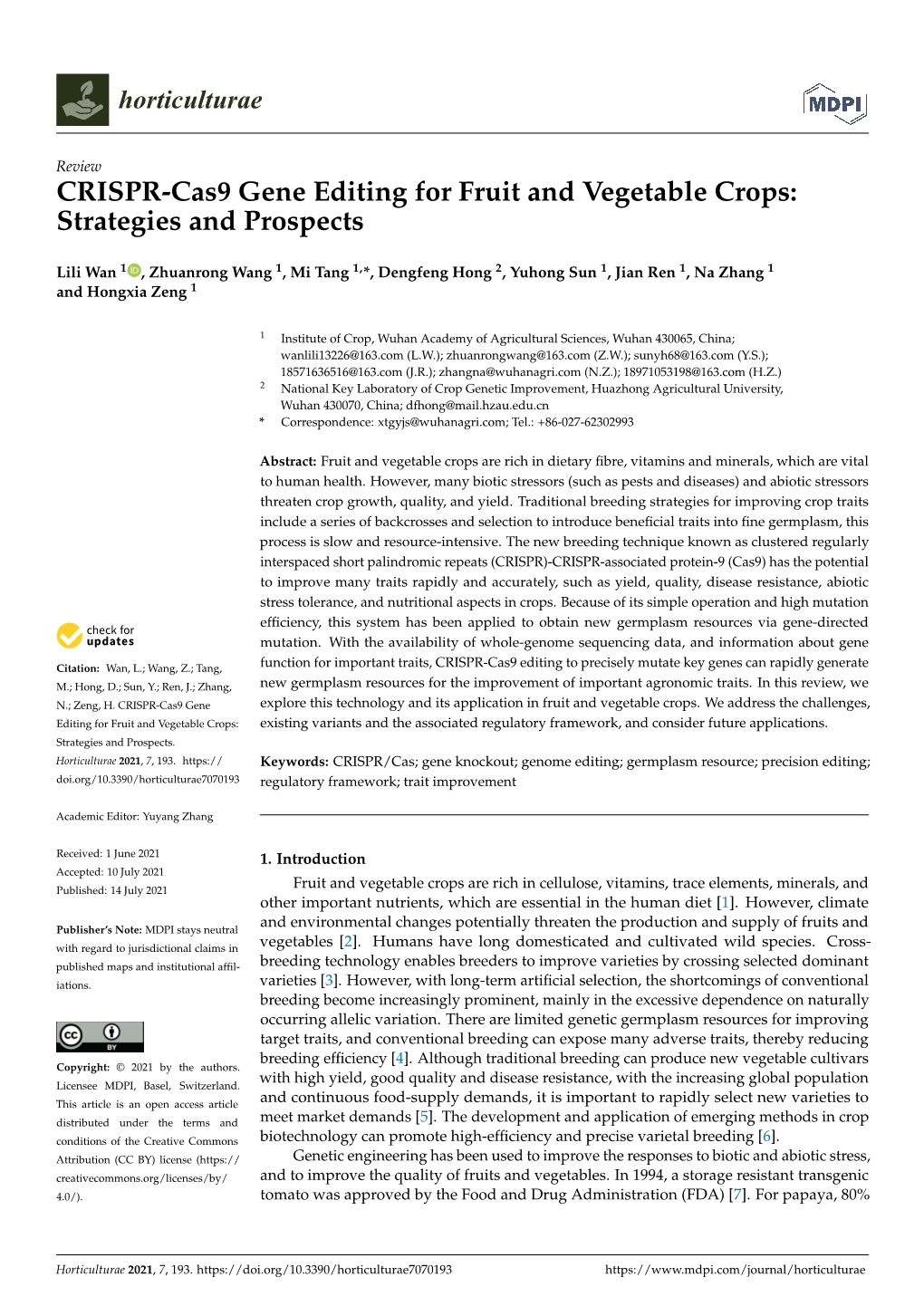 CRISPR-Cas9 Gene Editing for Fruit and Vegetable Crops: Strategies and Prospects