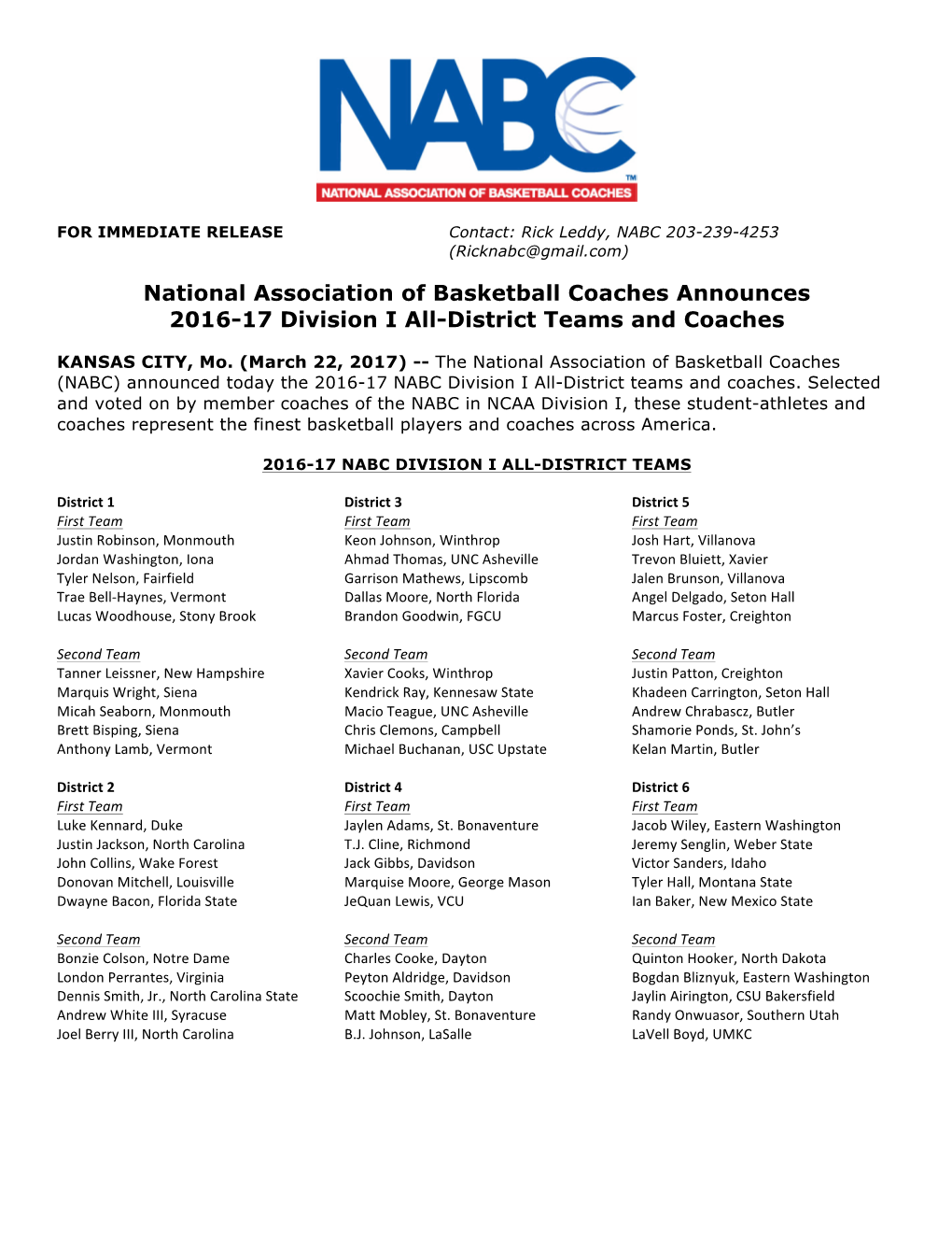 National Association of Basketball Coaches Announces 2016-17 Division I All-District Teams and Coaches