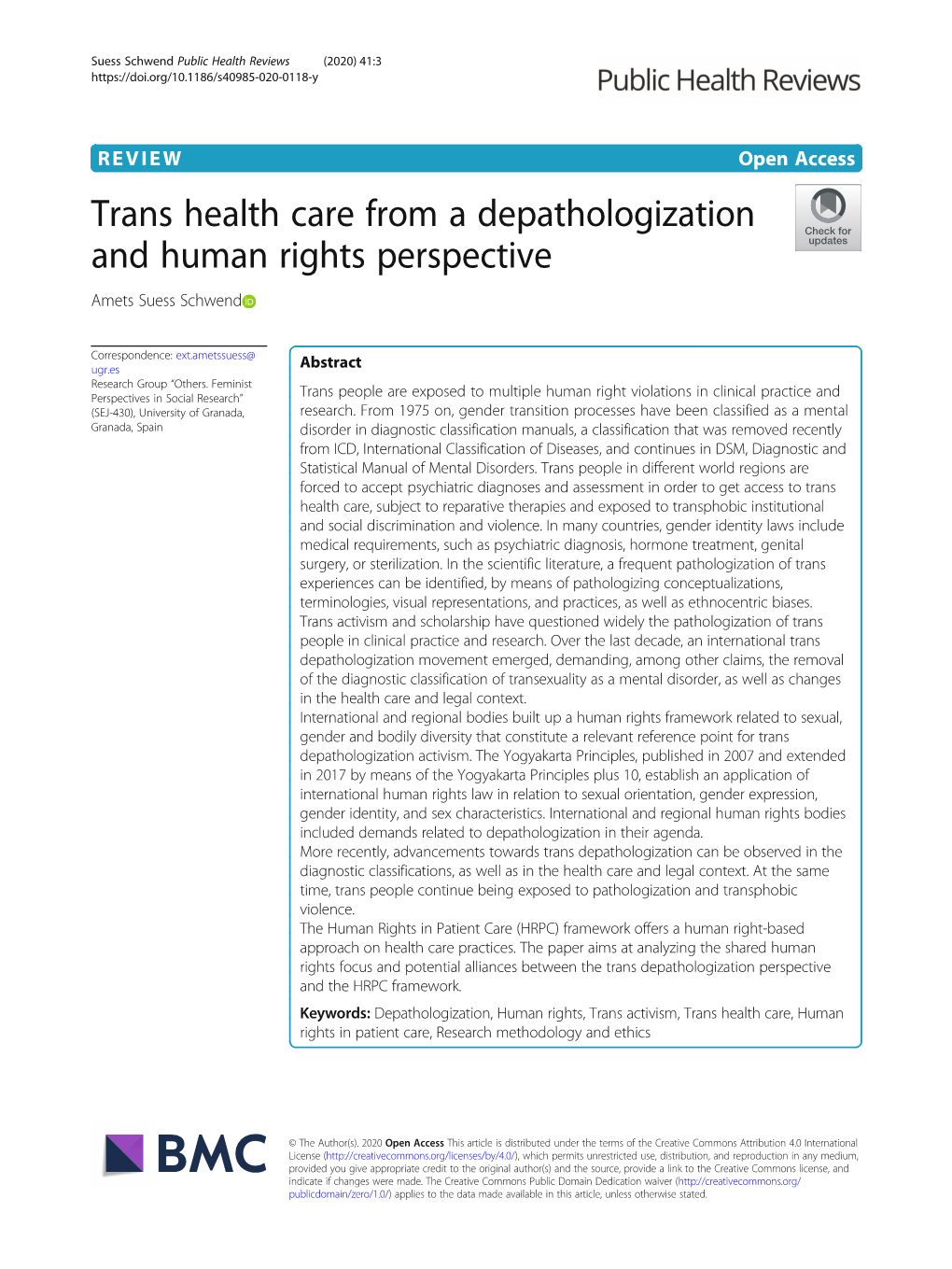 Trans Health Care from a Depathologization and Human Rights Perspective Amets Suess Schwend