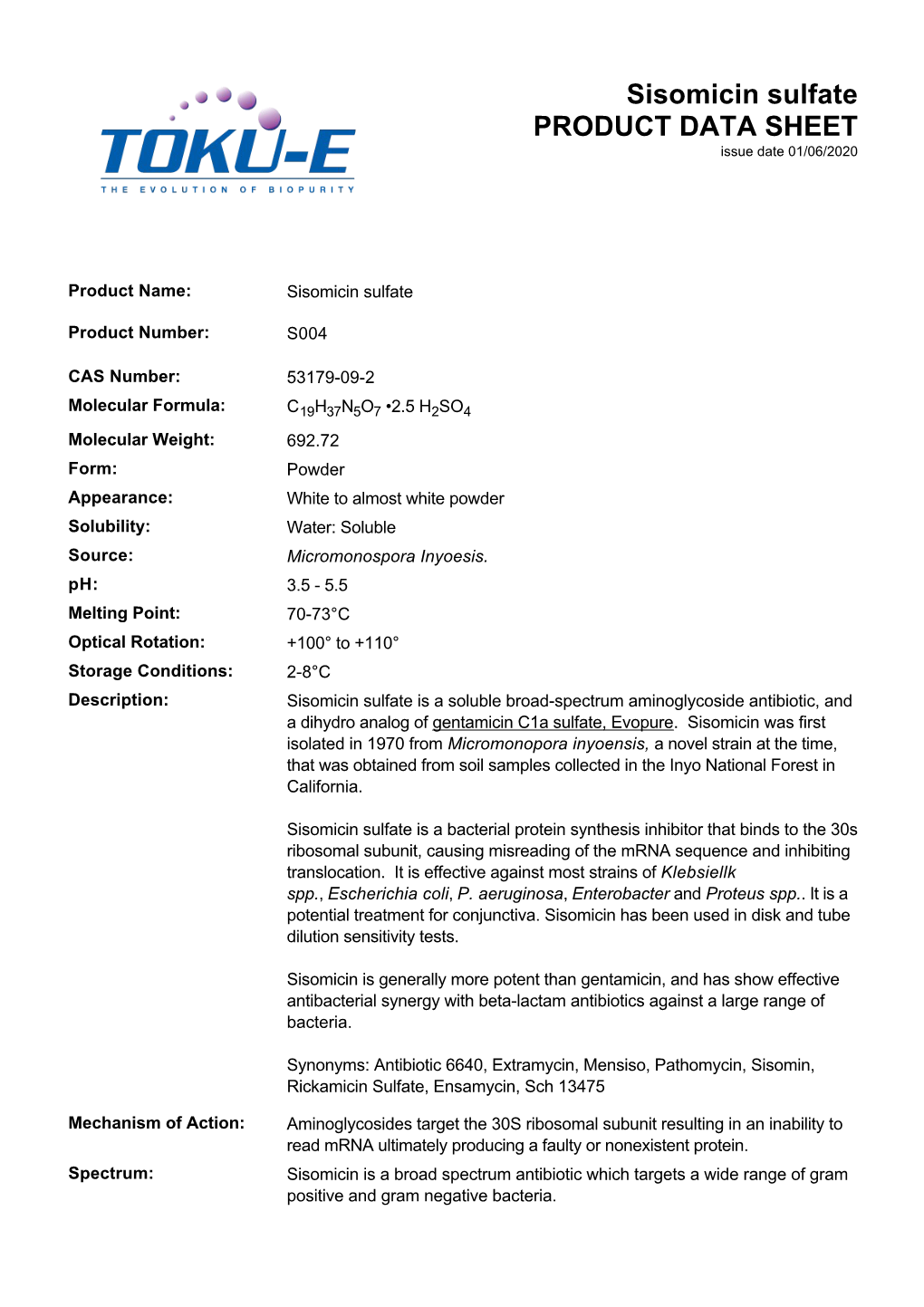 Sisomicin Sulfate PRODUCT DATA SHEET Issue Date 01/06/2020