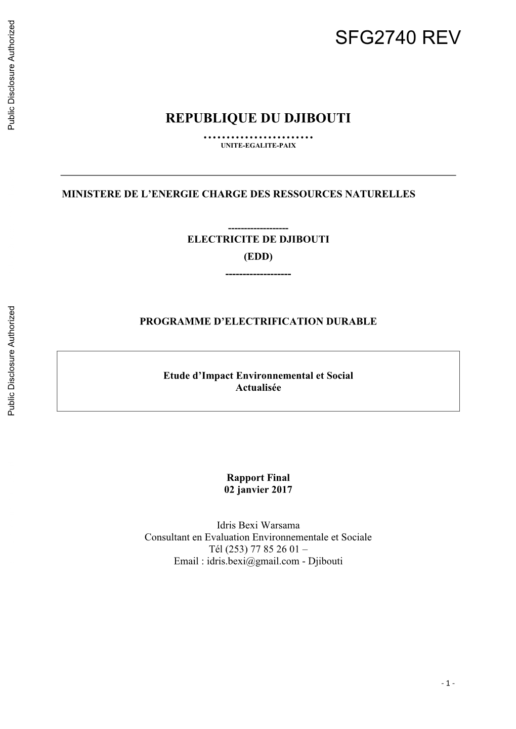 REPUBLIQUE DU DJIBOUTI Public Disclosure Authorized …………………… UNITE-EGALITE-PAIX