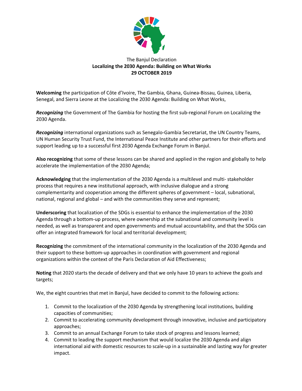 The Banjul Declaration Localizing the 2030 Agenda: Building on What Works 29 OCTOBER 2019