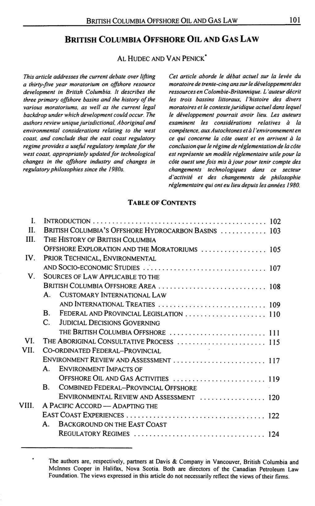 101 British Columbia Offshore Oil and Gas Law 103 105 110