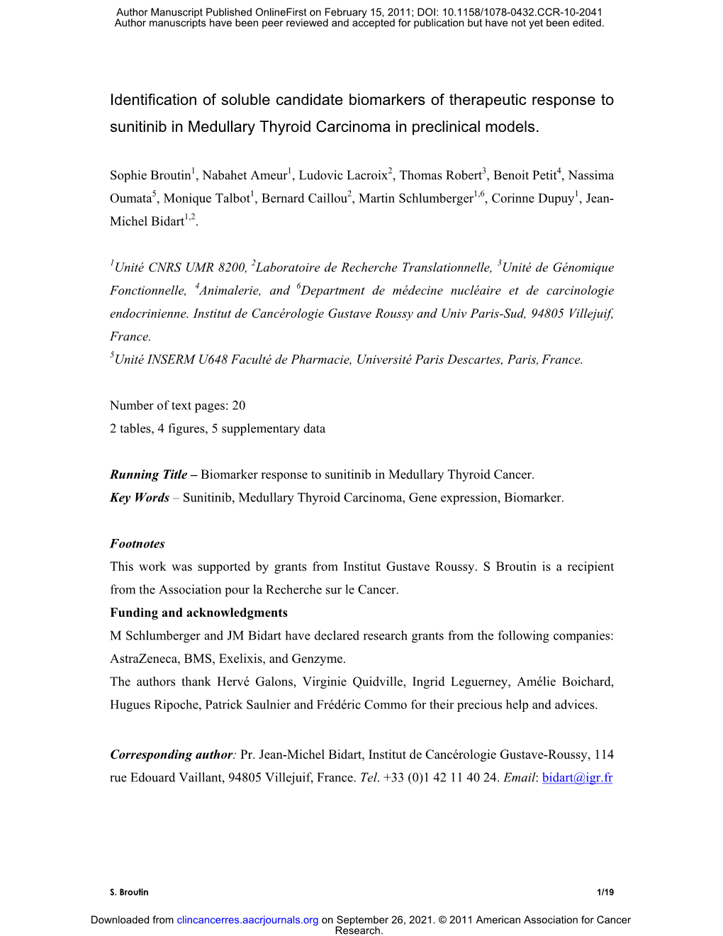 Identification of Soluble Candidate Biomarkers of Therapeutic Response to Sunitinib in Medullary Thyroid Carcinoma in Preclinical Models