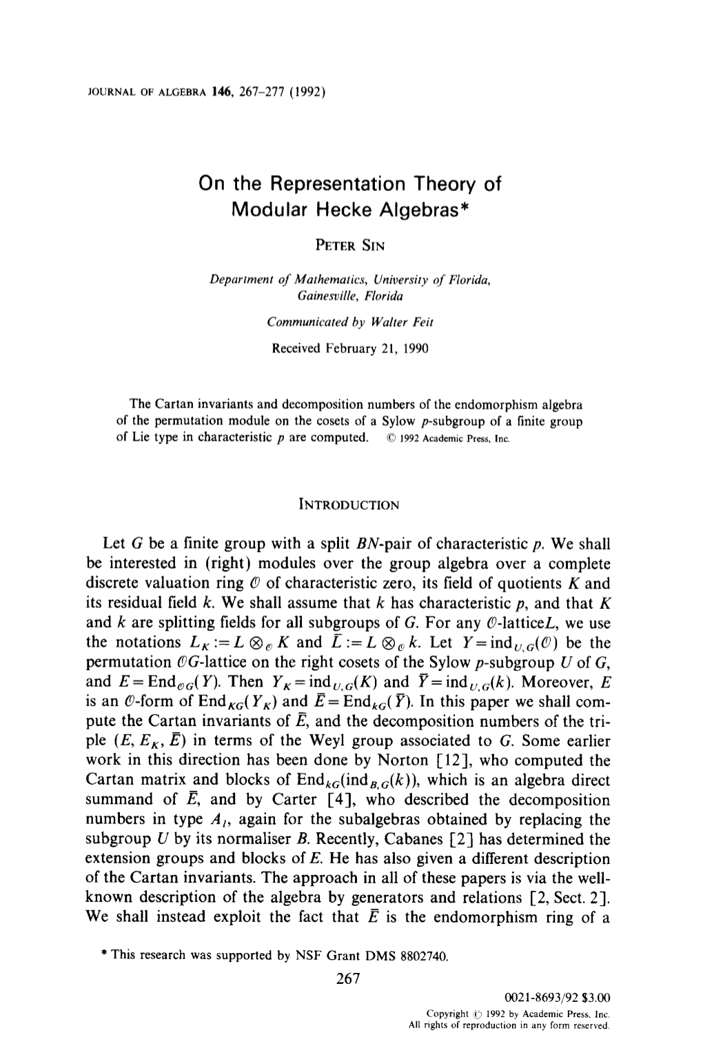 On the Representation Theory of Modular Hecke Algebras*