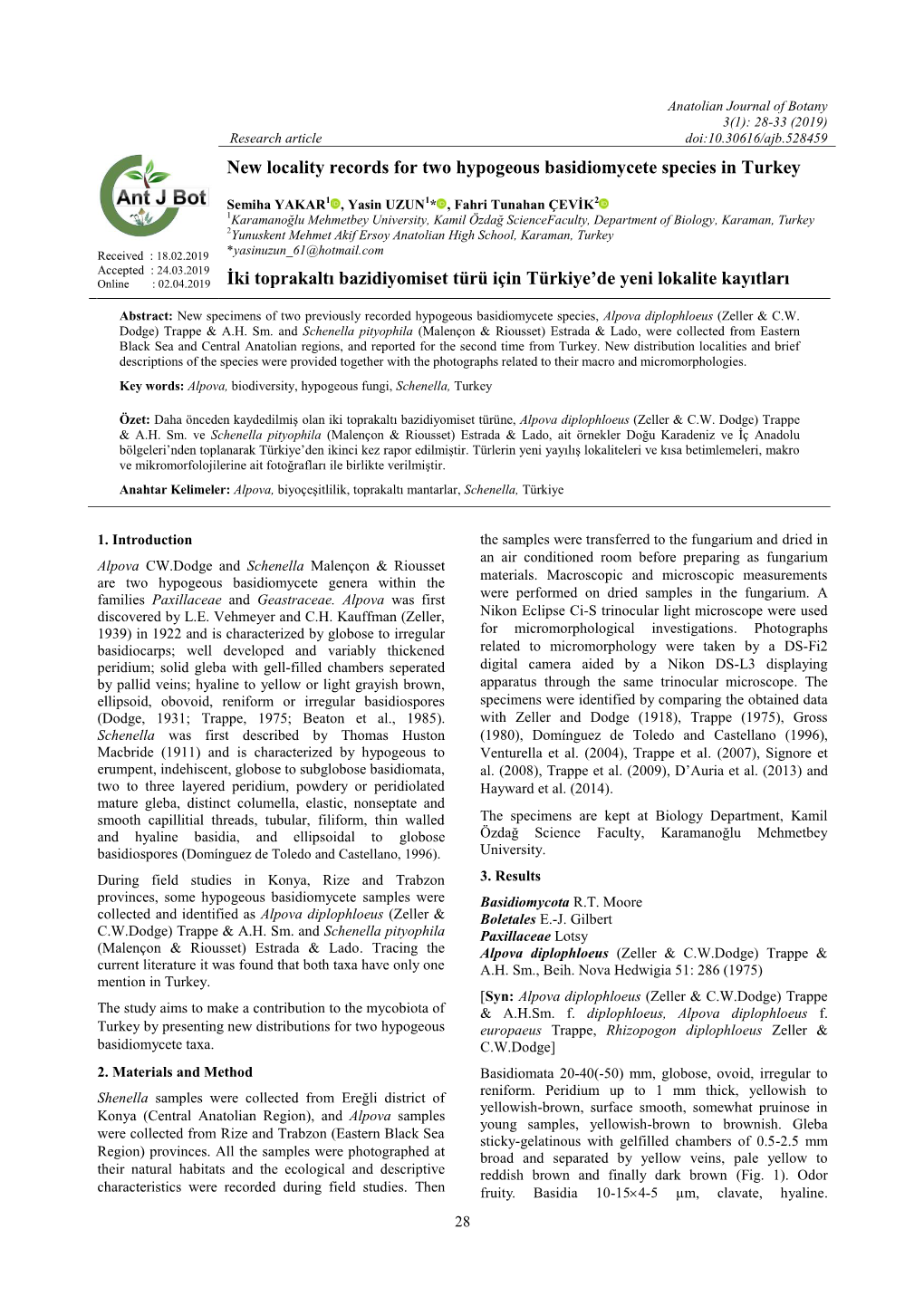 New Locality Records for Two Hypogeous Basidiomycete Species in Turkey