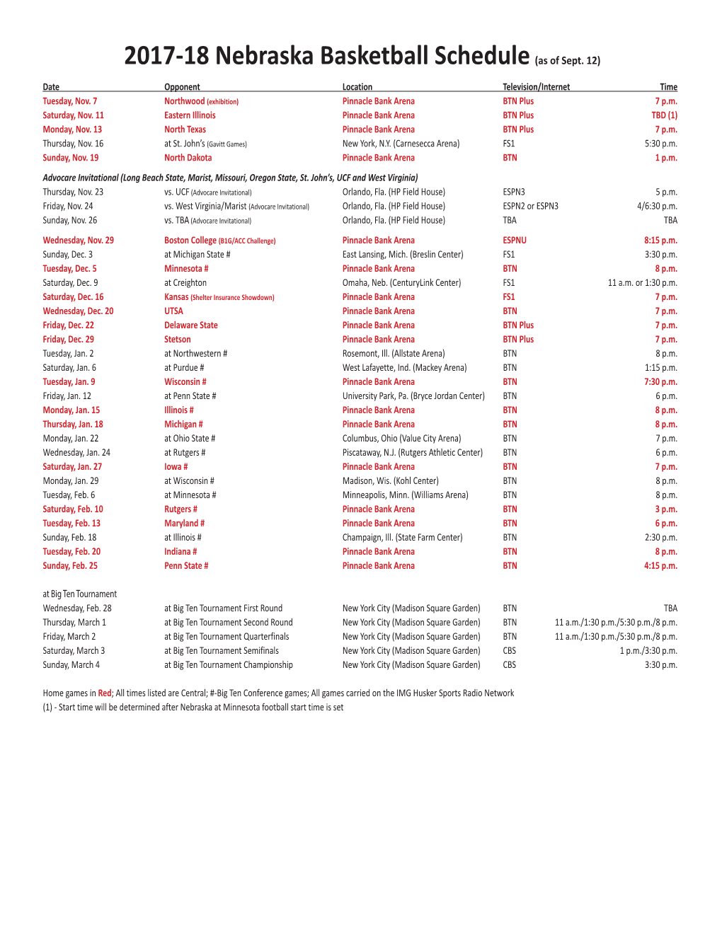 2017-18 Nebraska Basketball Schedule(As Of