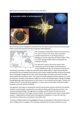 Resolving the Australite Mystery by Bruce Fenton (Feb 2021) Has an Extraterrestrial Intelligence Visited Earth?