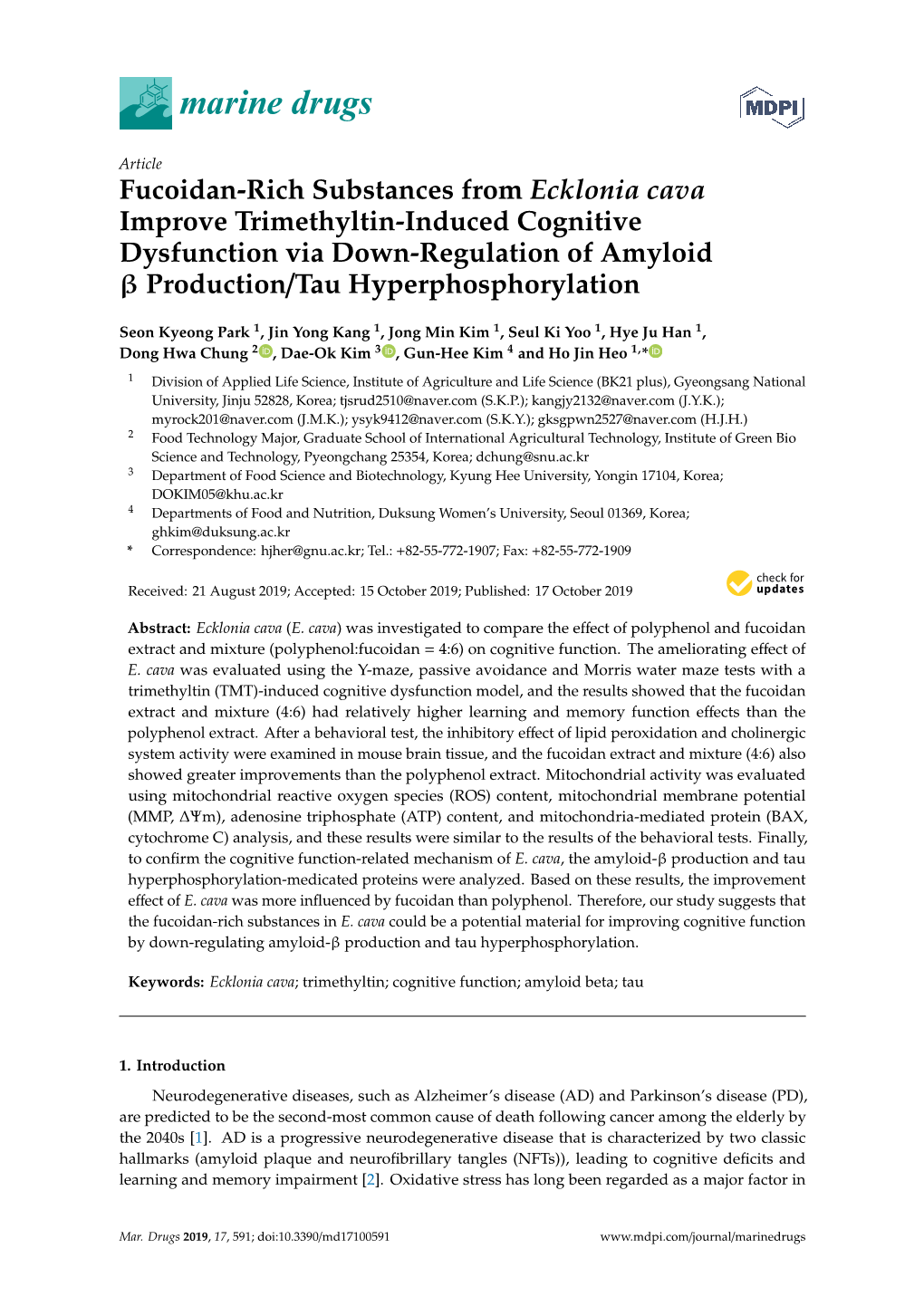 Fucoidan-Rich Substances from Ecklonia Cava Improve Trimethyltin-Induced Cognitive Dysfunction Via Down-Regulation of Amyloid Β Production/Tau Hyperphosphorylation