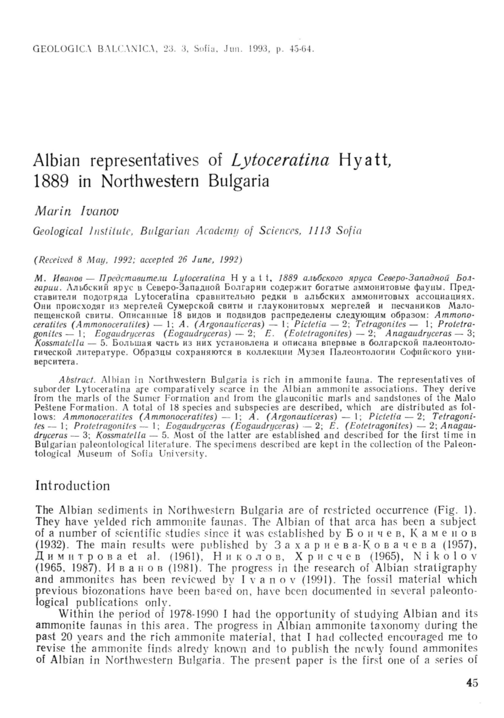 Albian Representatives of Lytoceratina Hyatt, 1889 in Northwestern Bulgaria