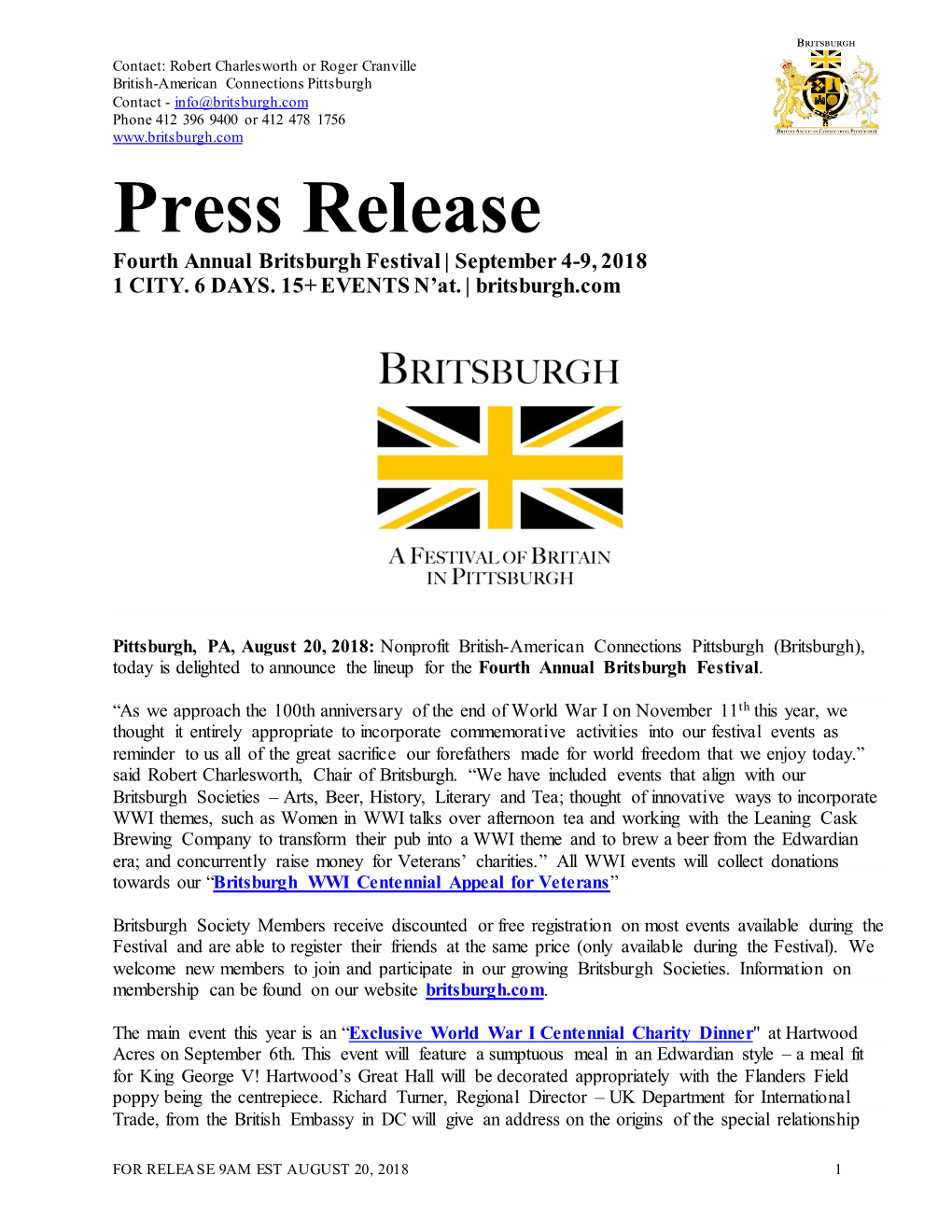 Press Release Fourth Annual Britsburgh Festival | September 4-9, 2018 1 CITY