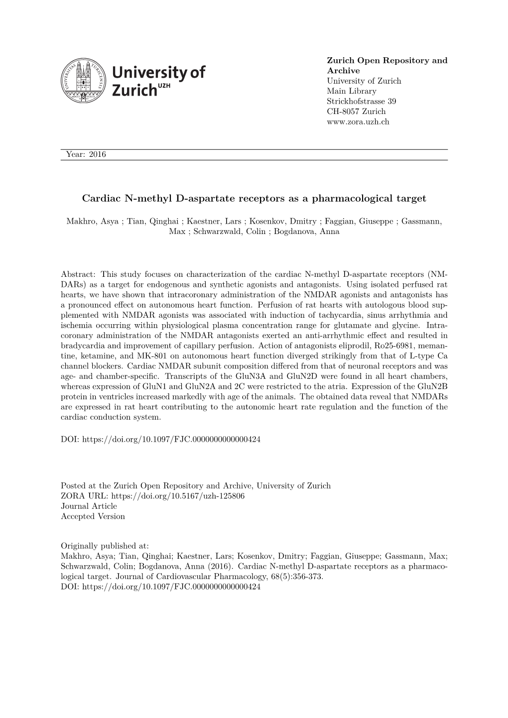 'Cardiac N-Methyl D-Aspartate Receptors As a Pharmacological