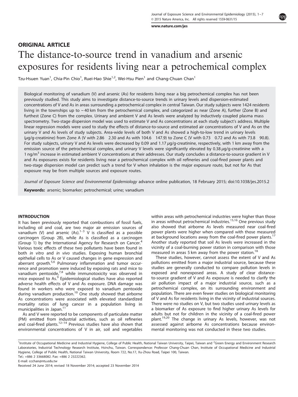 The Distance-To-Source Trend in Vanadium and Arsenic Exposures for Residents Living Near a Petrochemical Complex