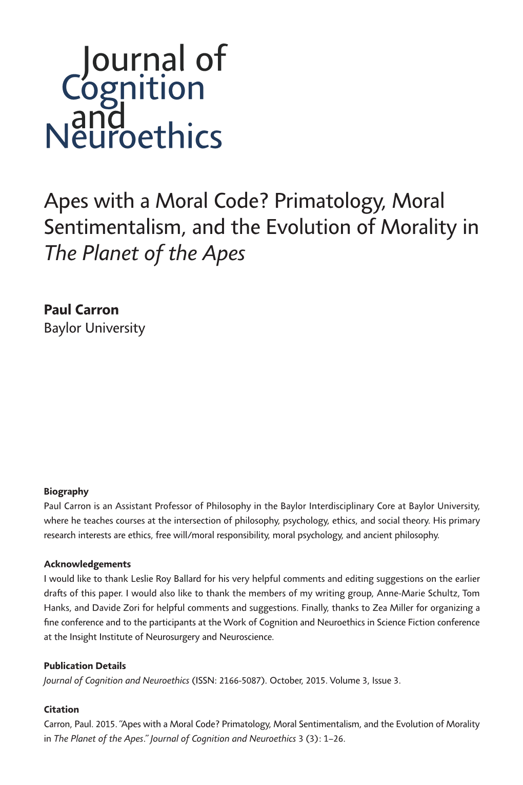 Apes with a Moral Code? Primatology, Moral Sentimentalism, and the Evolution of Morality in the Planet of the Apes