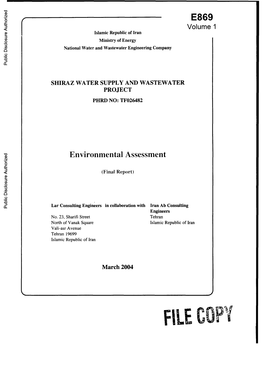 World Bank Document Entitled "Environmental Assessment of Shiraz Water Supply and Sanitation Project "