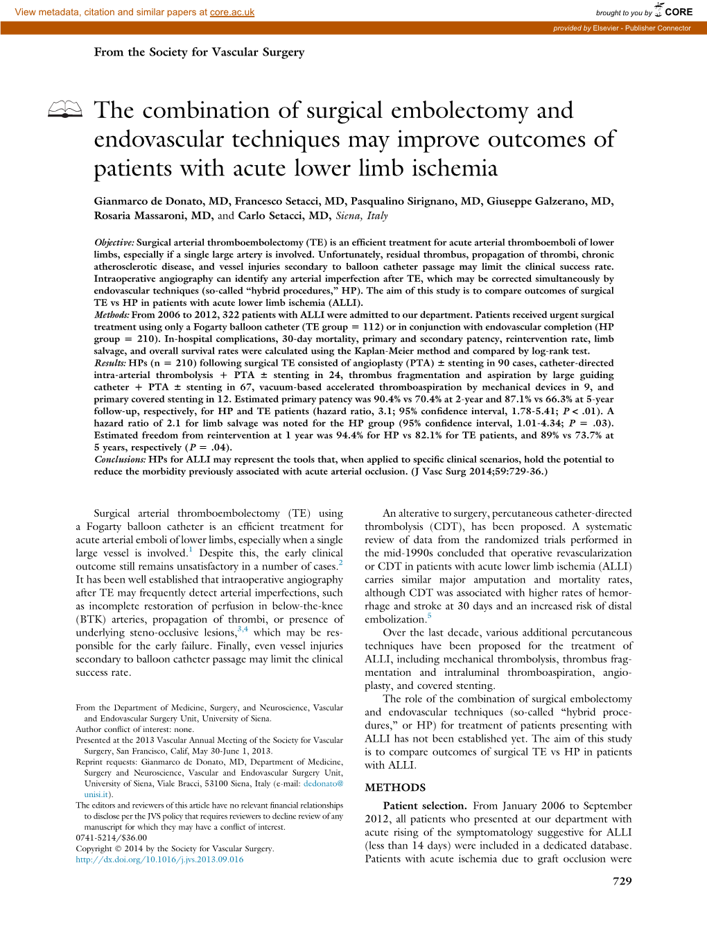 The Combination of Surgical Embolectomy and Endovascular Techniques May Improve Outcomes of Patients with Acute Lower Limb Ischemia