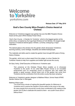 Press Releases God's Own County Wins People's Choice Award at Chelsea Flower Show Welcome to Yorkshire's