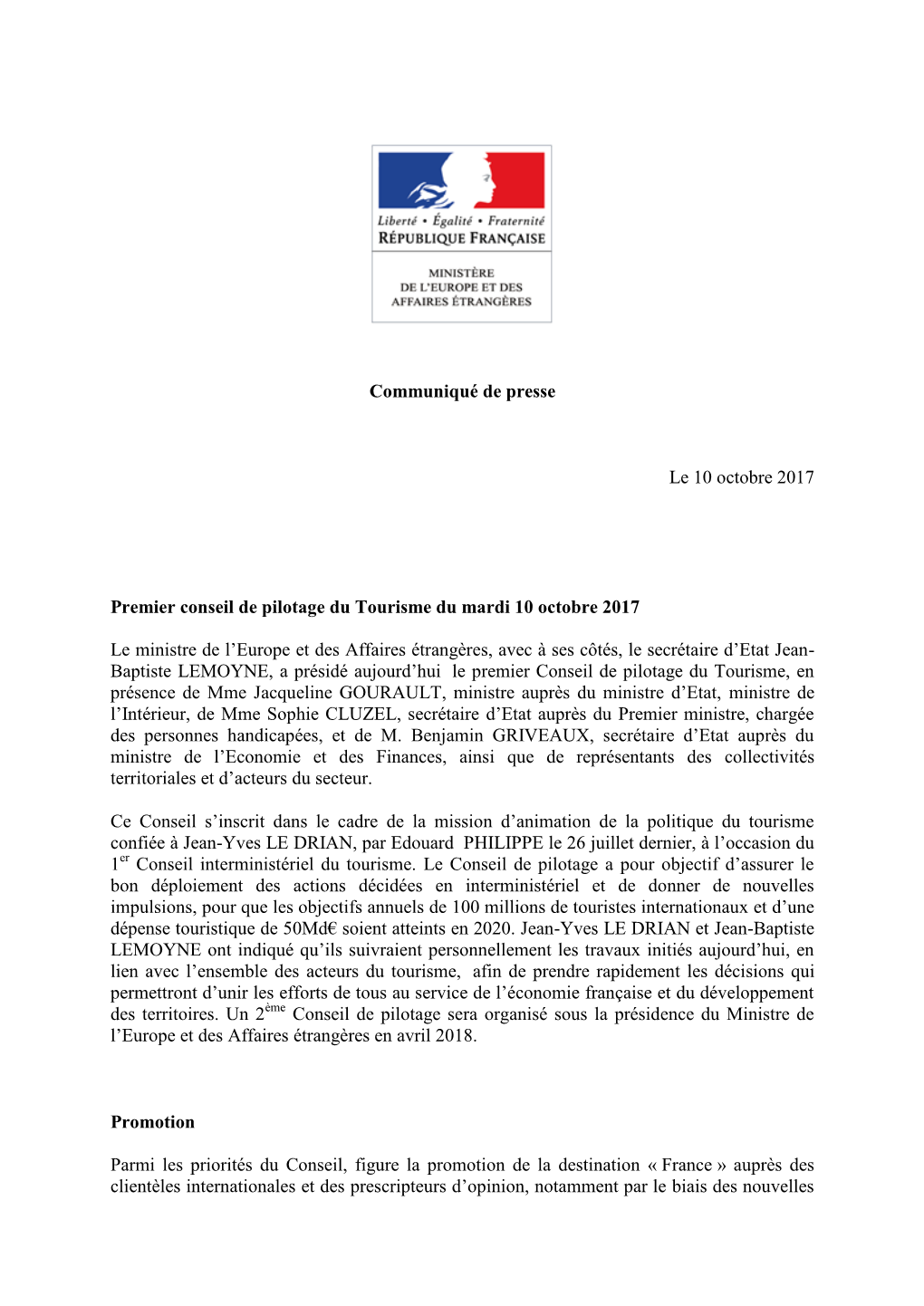 Communiqué De Presse Le 10 Octobre 2017 Premier Conseil De Pilotage