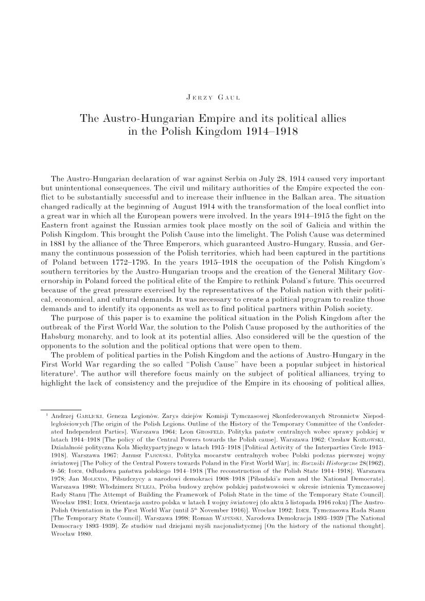 The Austro-Hungarian Empire and Its Political Allies in the Polish Kingdom 1914–1918